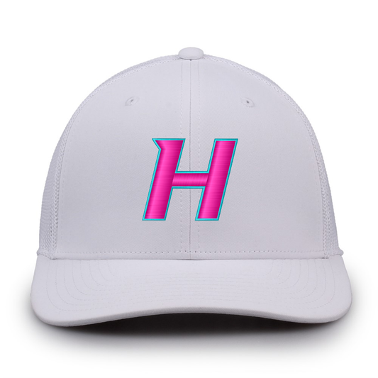 The Game White Trucker Hat with Teal/Pink "H"