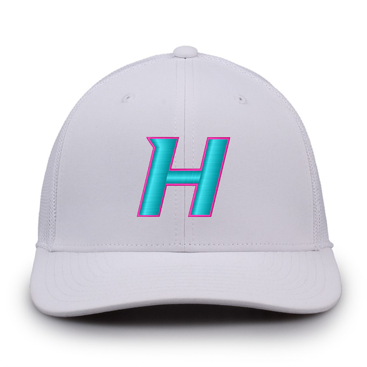 The Game White Trucker Hat with Teal/Pink "H"